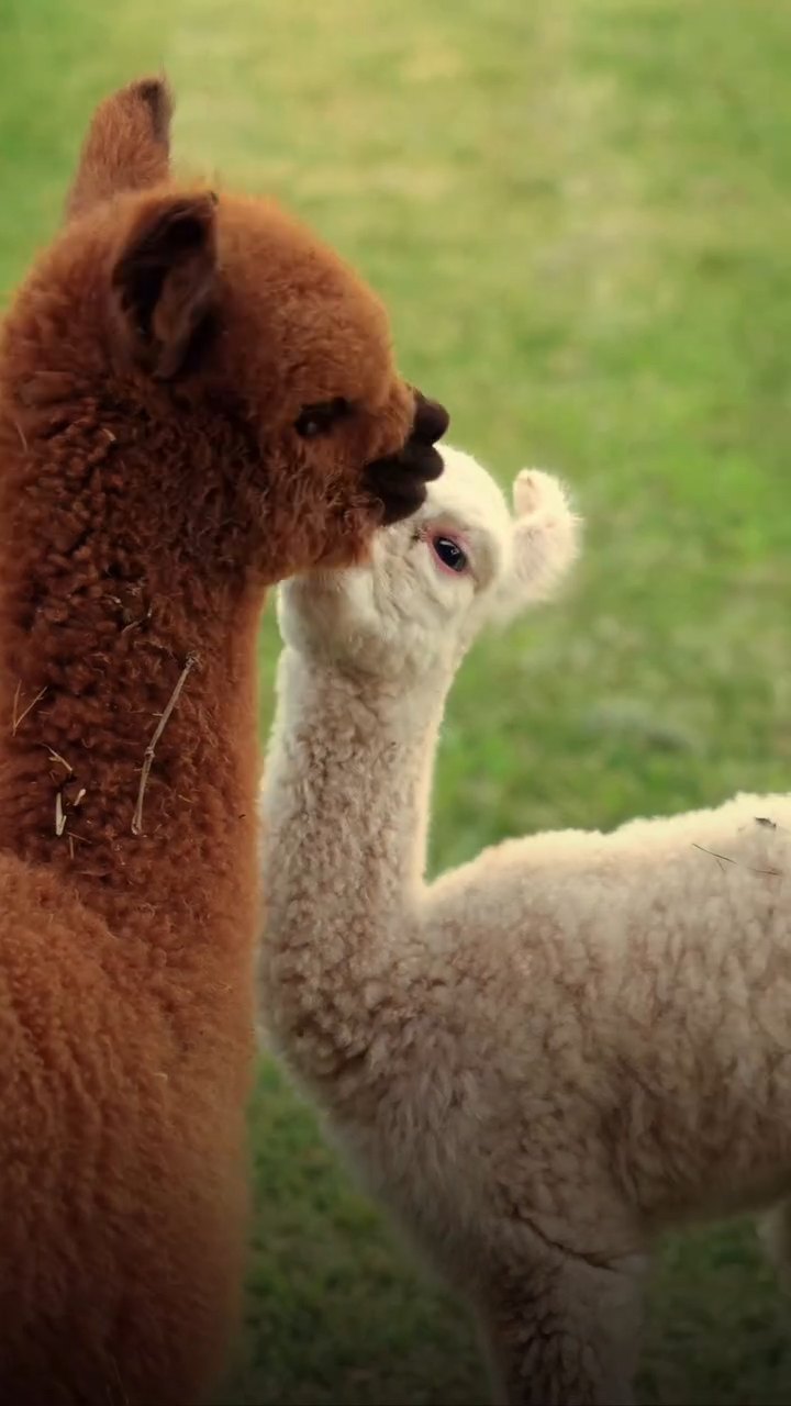 Due alpaca che si coccolano al pascolo