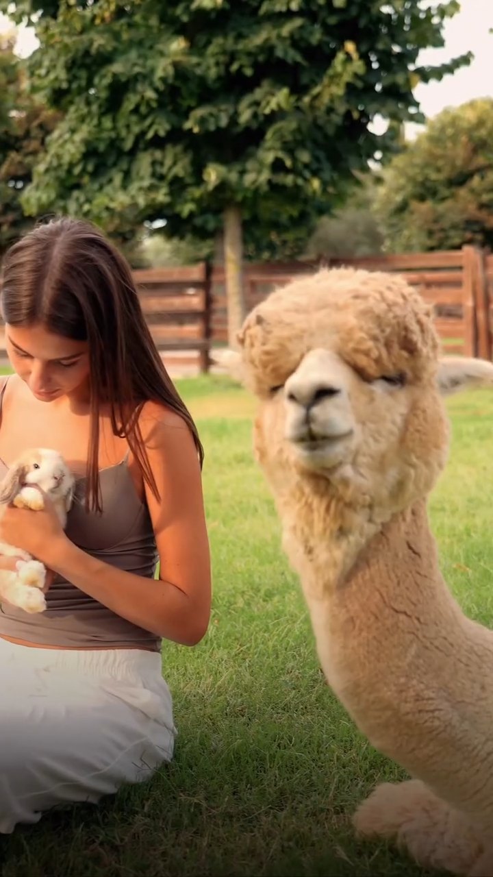 Una ragazza accarezza un alpaca bianco